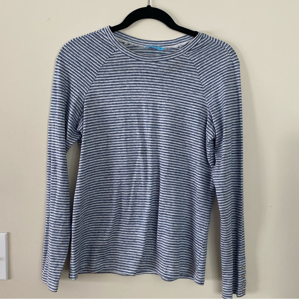 J. McLaughlin Small Linen Blend Blue White Stripe Pullover